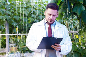 Waist up portrait of handsome scientist wearing lab coat holding clipboard and making notes in greenhouse of modern vegetable farm