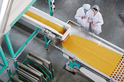 Above view portrait of two factory workers standing by conveyor belt during quality inspection at food production at macaroni plant, copy space