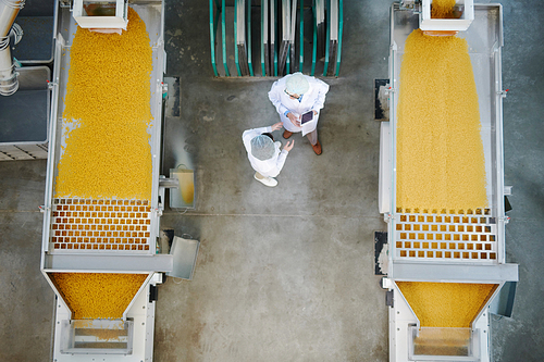 Top view background of two factory workers standing by machine units during quality inspection at food production, copy space