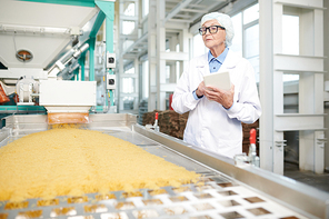Waist up portrait of senior woman working at factory standing by conveyor belt and using digital tablet controlling food production, copy space