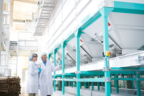 : Wide angle portrait of two workers wearing white coat walking across clean production hall at modern factory, copy space