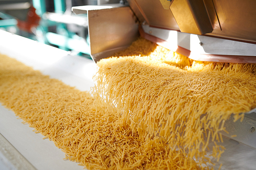 Close up of dry macaroni spilling from machine unit on modern food production factory lit by sunlight, copy space