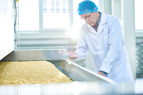 Side view portrait of senior factory worker checking production process in food industry, standing by machine unit with dry macaroni, copy space