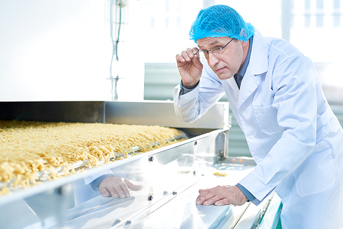 Waist up portrait of senior factory worker checking production process in food industry, standing by machine units, copy space