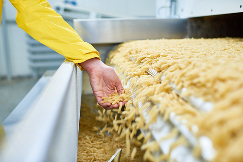 Closeup of female hand checking dry macaroni spilling from conveyor belt at modern food factory, copy space background