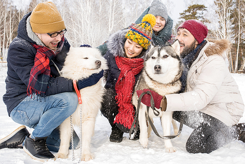 Full length portrait of group of happy young people playing with two dogs outdoors in snow while enjoying time in winter resort