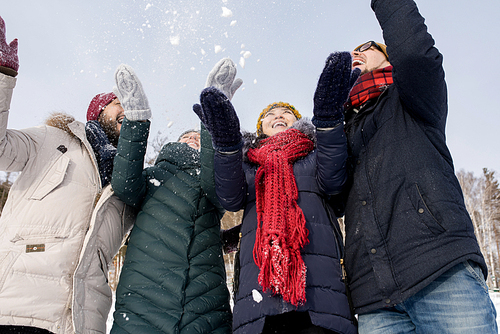 Low angle portrait of two young couples laughing happily having fun outdoors throwing snow, copy space