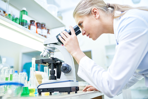 Side view portrait of young female scientist looking in microscope while working on medical research in modern laboratory