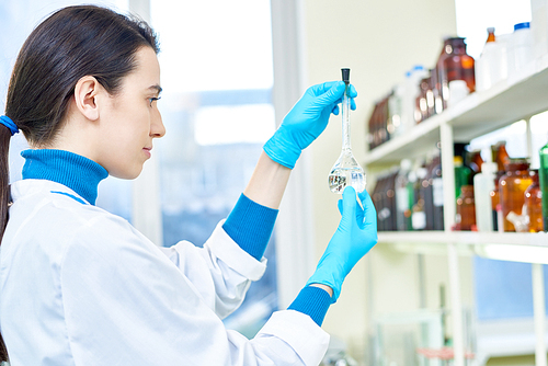 Profile view of attractive young researcher wearing white coat and rubber gloves studying transparent liquid in volumetric flask while working at modern laboratory