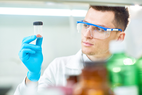 Concentrated young scientist wearing safety goggles and rubber gloves holding bottle with sample of cultured meat in hand while analyzing results of conducted experiment