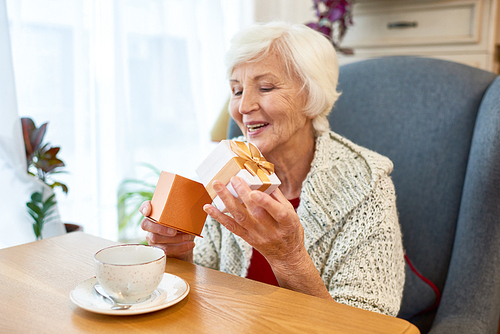 Beautiful elderly woman with toothy smile opening small gift box with interest while celebrating birthday in cozy small cafe, portrait shot