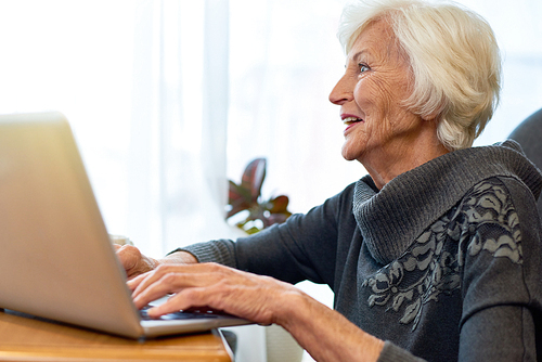 Profile view of cheerful senior woman wearing gray sweater browsing Internet on laptop while sitting at cafe table, portrait shot