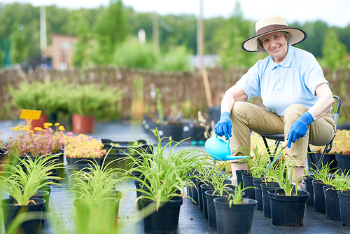 Portrait of smiling senior woman posing, , while working in garden with pots