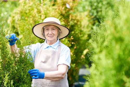 Portrait of smiling senior woman working in garden posing with and , copy space