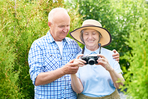 Portrait of senior tourist couple looking at pictures using photo camera on vacation in park