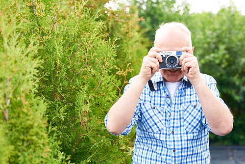 Waist up portrait of smiling senior man taking pictures in park using vintage photo camera while travelling