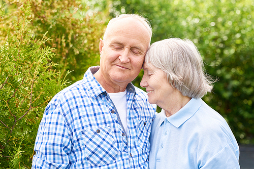 Waist up  portrait of loving senior couple embracing tenderly posing for camera in beautiful garden