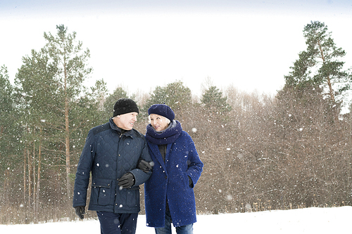 Portrait of modern senior couple walking in winter forest and chatting on the way with snow falling gently, copy space