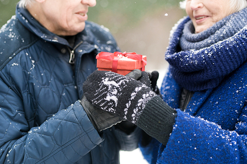 Close up of modern senior man giving present to smiling wife in snowy winter forest, copy space