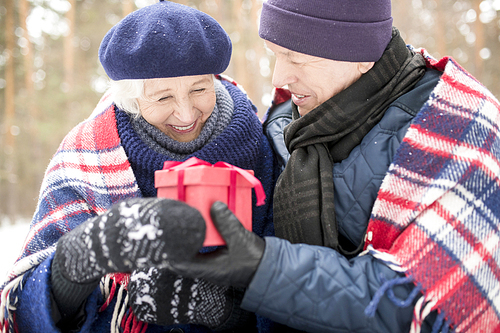 Portrait of happy senior couple sharing gifts outdoors in winter, focus on woman laughing