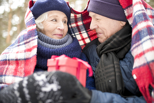 Portrait of happy senior couple sharing gifts outdoors in winter and sharing blanket