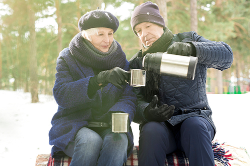 Portrait of happy senior couple poring tea from hot pot while sitting on bench in winter forest