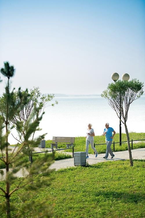 Wide angle view at active senior couple running on park lane along sea shore outdoors , copy space