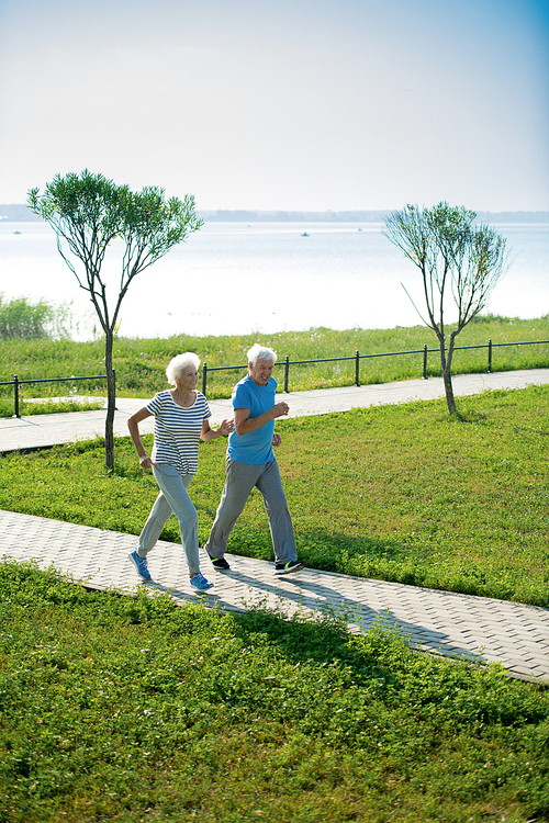 Wide angle view at active senior couple running on park lane along sea shore outdoors in sunlight, copy space