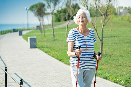 Portrait of active senior woman practicing Nordic walking with poles outdoors in park, copy space