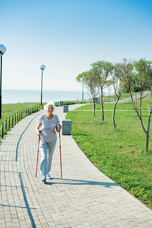 Full length portrait of active senior woman practicing Nordic walking with poles outdoors in park, copy space