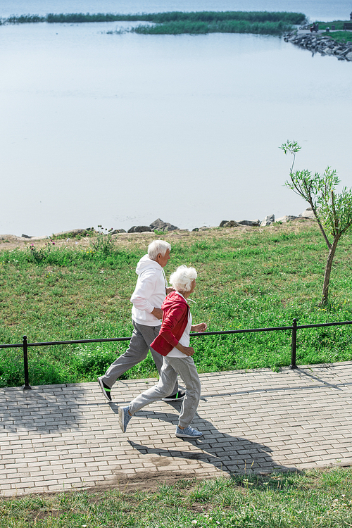 High angle portrait of active senior couple running together in park along lake, copy space