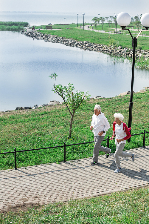 Full length high angle view portrait of senior couple running together in park along lake in sunlight, copy space