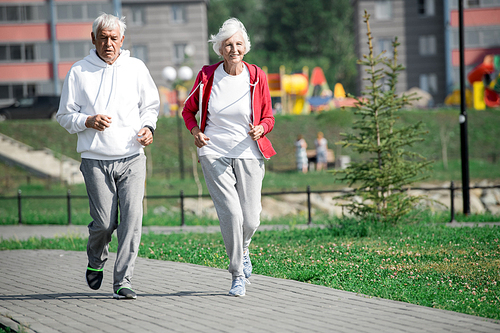 Full length portrait of active senior couple enjoying morning run in park in sunlight, copy space