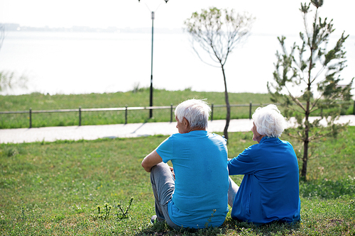 Back view portrait of modern senior couple sitting on lawn overlooking lake while enjoying sunny day in park together, copy space