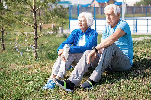 Portrait of modern senior couple sitting on lawn by tree while enjoying sunny day in park together, copy space