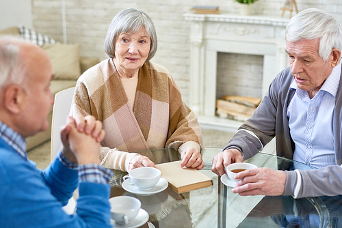 Elderly elegant woman and men having teatime at table in living room of nursing home for aged people.
