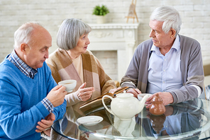 Group of elderly woman and men having teatime at table in cozy room of assisted living home.