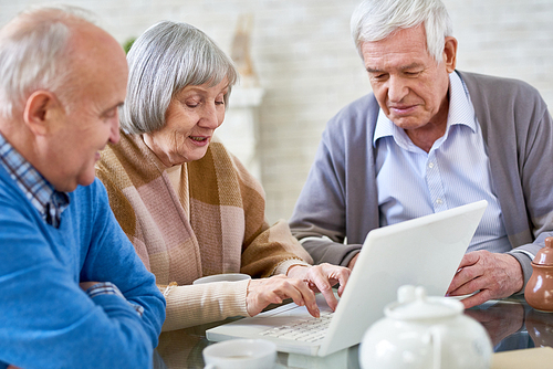 Group of elderly elegant men and woman drinking tea and browsing laptop together in room of assisted living home.