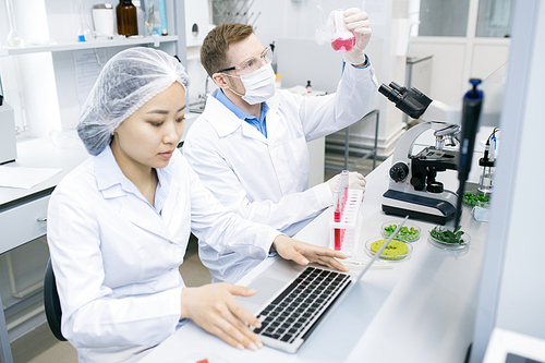 Young male microbiologist in protective mask and glasses sitting at laboratory desk and looking attentively at flask with pink liquid with meat sample and his assistant typing results on laptop.