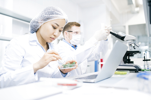 Side view portrait of two modern scientists studying substances while working on research in medical laboratory, focus on young Asian woman
