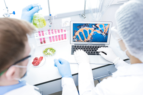 Crop back view of scientists holding flask with sample of food solution and observing model of DNA of vegetable being tested in laboratory