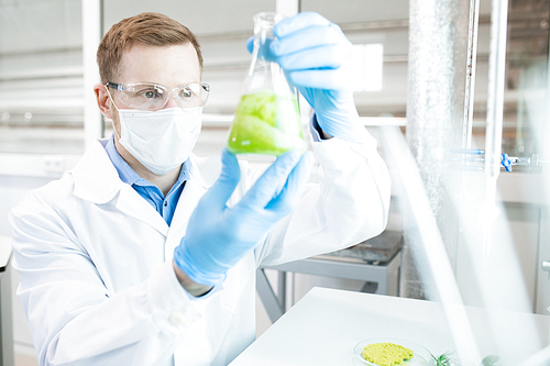 Male scientist in white laboratory clothes, mask, gloves and glasses looking attentively at green liquid in flask in hands and analyzing it