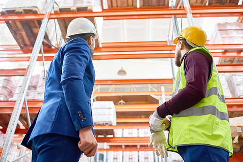 Back view low angle portrait of warehouse manager and factory worker looking up at tall storage shelves in warehouse