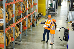 Full length portrait of bearded businessman wearing hardhat and holding clipboard doing inventory in production workshop, accompanied by female factory worker, copy space
