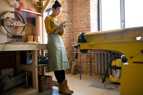 Full length portrait of pretty young woman wearing apron holding notebook and making notes in crafting shop, standing against brick wall, copy space