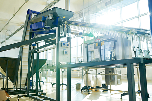 Interior of spacious dairy plant illuminated with sunbeams: conveyor belt and other modern equipment, no workers