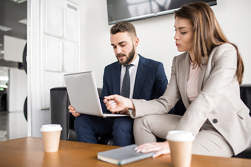 Portrait of two modern business people, man and woman, using laptop sitting at coffee table in office