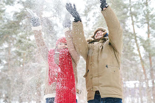 Waist up portrait of happy young couple throwing snow and playing while enjoying date in beautiful winter forest, copy space