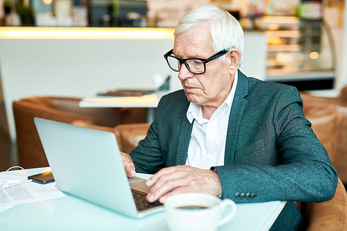 Portrait of contemporary senior businessman using laptop in cafe while working during coffee break, copy space