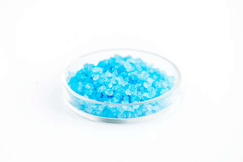 Close up shot  of blue crystals in petri dish, isolated on white, chemical lab concept